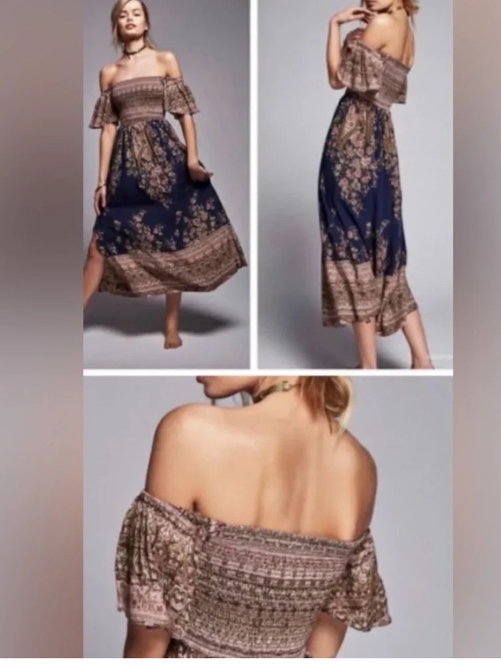 Free People Navy Multicolor Off-Shoulder Border Print Maxi Dress size XS - Picture 2 of 6